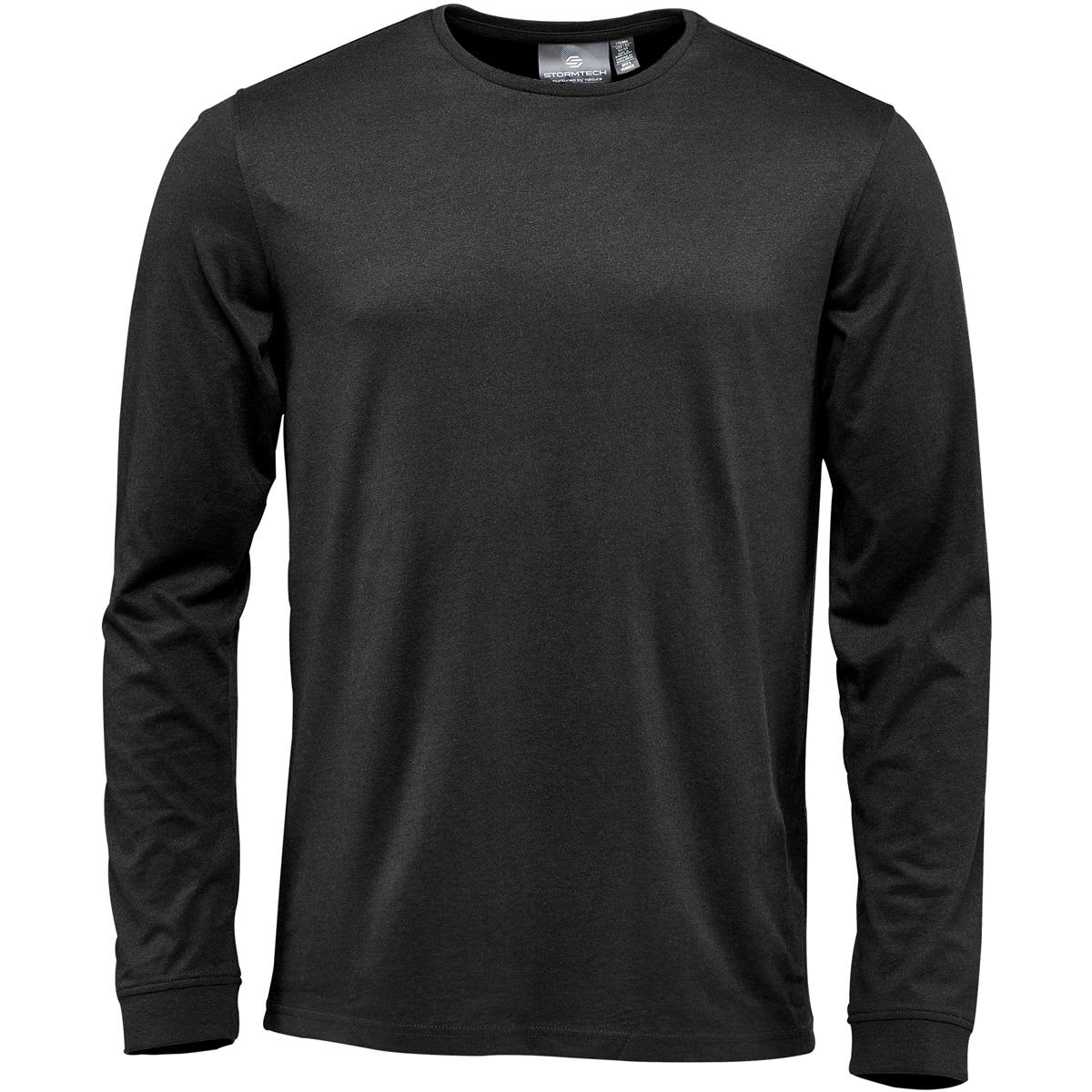 Black long-sleeve shirt with a crew neckline, displayed against a white background.