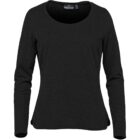 Black long-sleeve womens shirt with a round neckline on a plain background.