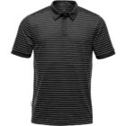Black polo shirt with thin white horizontal stripes.