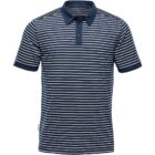 Navy and white horizontally striped polo shirt on a white background.
