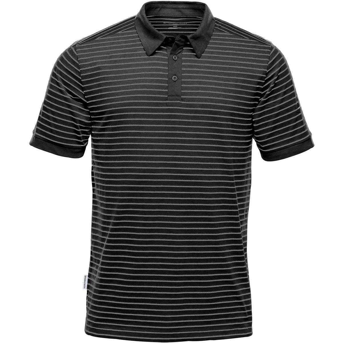 Black and gray striped polo shirt with short sleeves and a button-up collar.