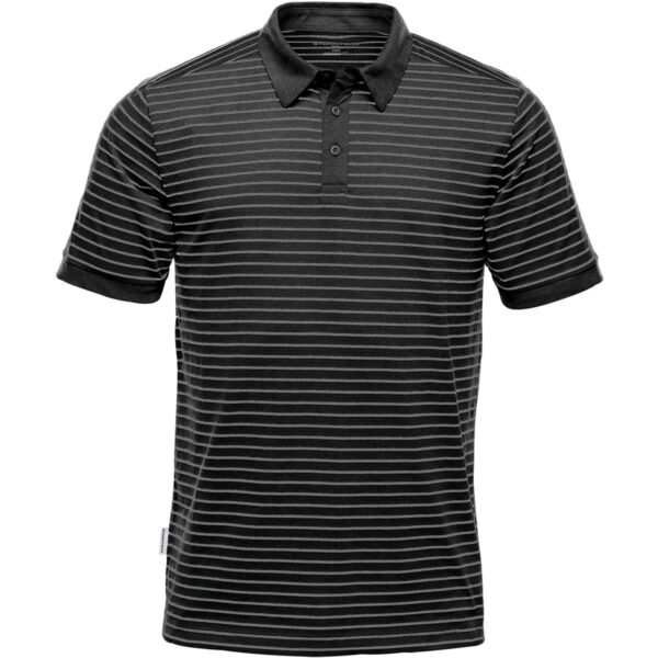 Black short-sleeve polo shirt with thin white horizontal stripes.