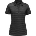 Black and gray striped short-sleeve polo shirt on a white background.