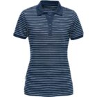 Dark blue and white striped short-sleeve polo shirt.