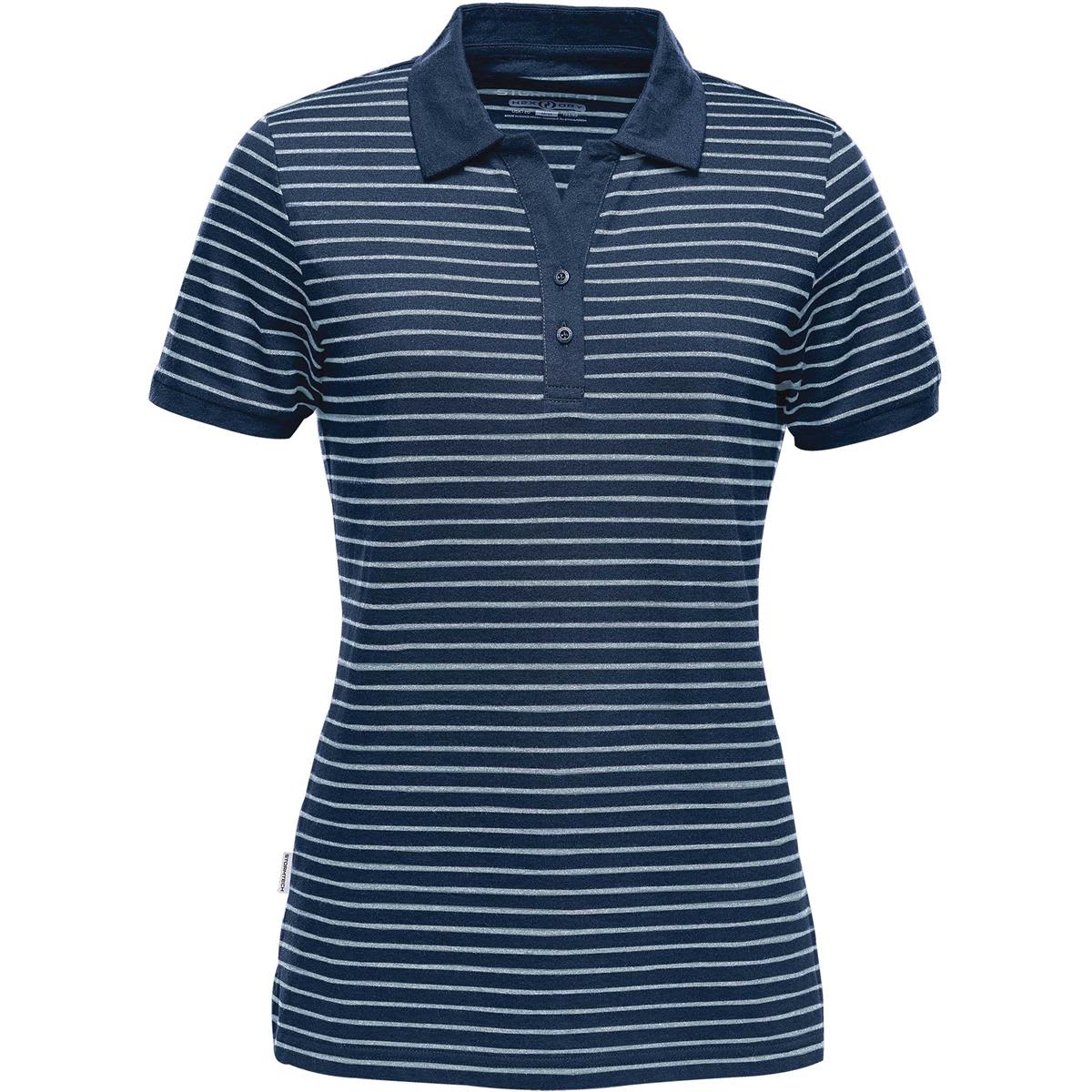 Dark blue and white striped short-sleeve polo shirt.