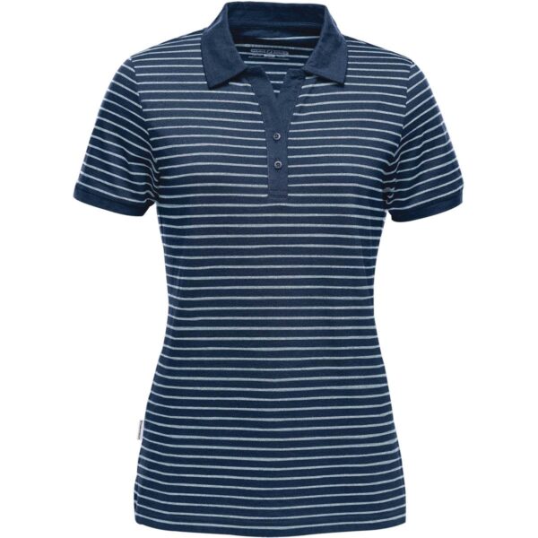 Dark blue striped polo shirt with short sleeves and a collar.