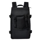 Black backpack with multiple straps and zippered compartments.