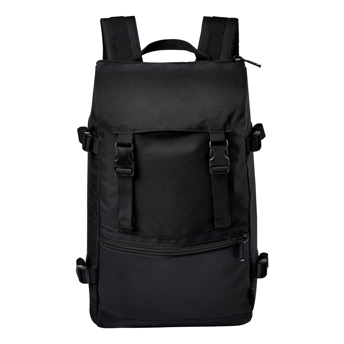 Black backpack with multiple straps and zippered compartments.