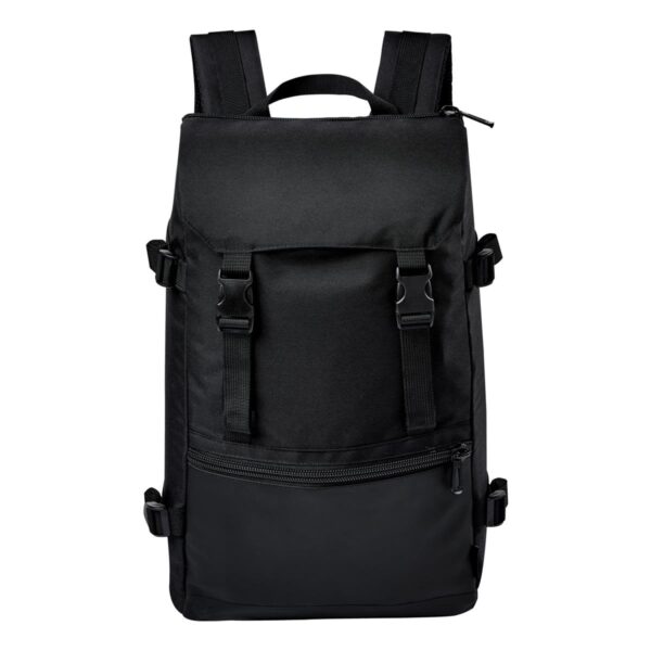 A black backpack with padded shoulder straps and front buckles.