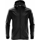 Black hooded nylon jacket with zipper, shown from the front.