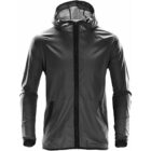Dark gray hooded windbreaker jacket with a front zipper and zippered pockets.