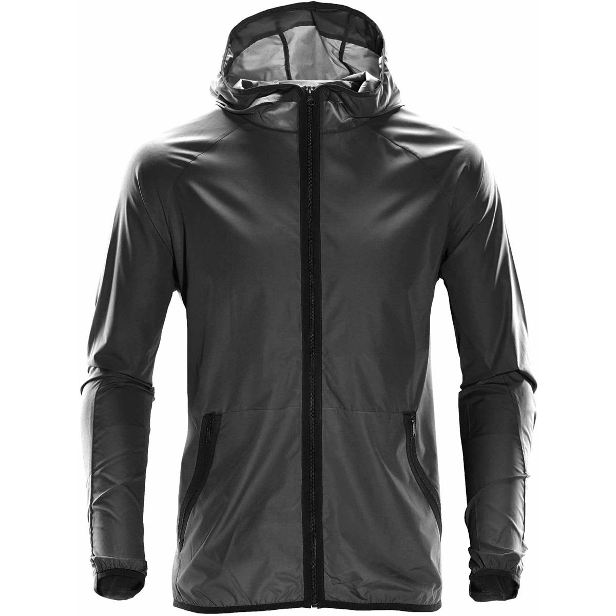 Dark gray hooded windbreaker jacket with a front zipper and zippered pockets.