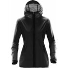 Black hooded jacket with zipper and two front pockets on a white background.