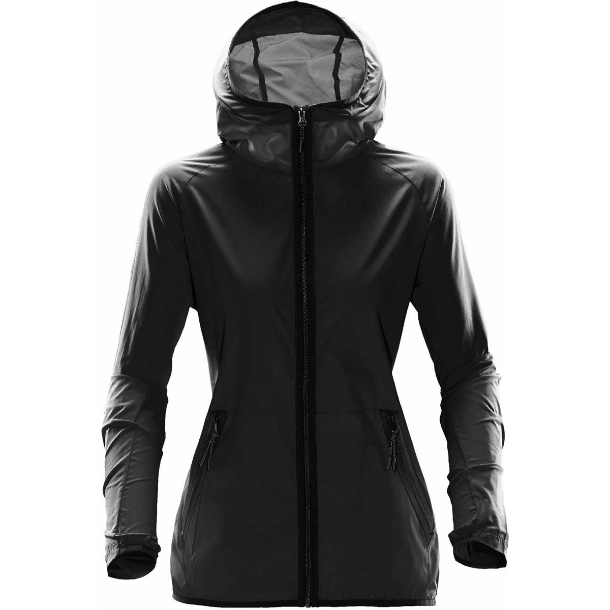 Black hooded jacket with zipper and two front pockets on a white background.