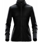 Black zip-up jacket with long sleeves and high collar, featuring front pockets.