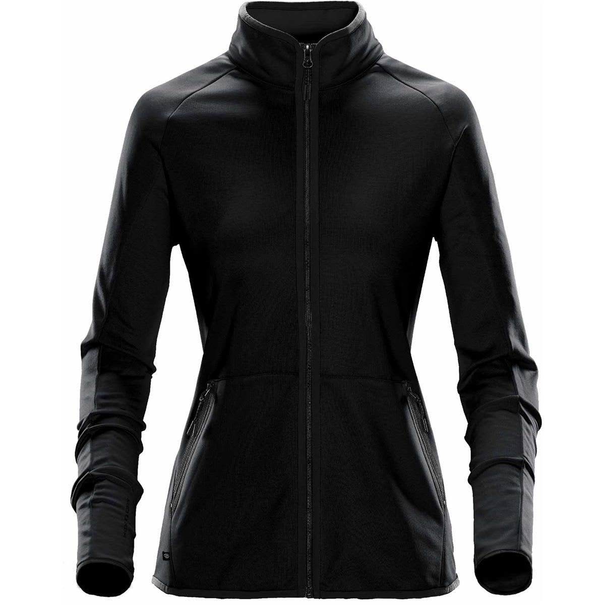 Black zip-up jacket with long sleeves and high collar, featuring front pockets.