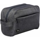 Gray toiletry bag with a zipper at the top and side handle.