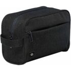 Black toiletry bag with zippered compartments and a side handle.