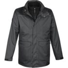 Dark green waterproof jacket with multiple pockets and a high collar.