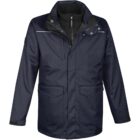 Dark blue winter coat with front pockets and a high collar.