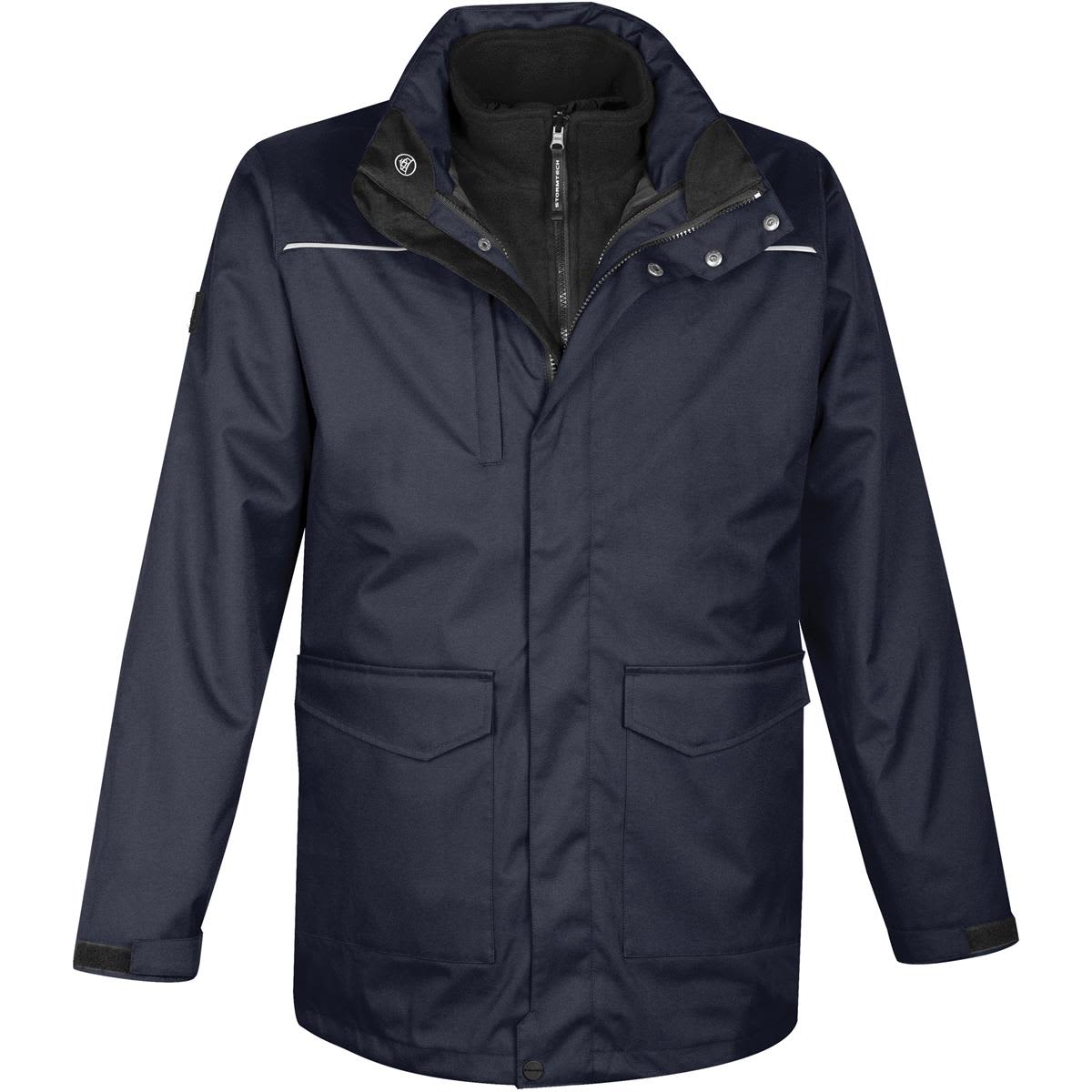 Dark blue winter coat with front pockets and a high collar.