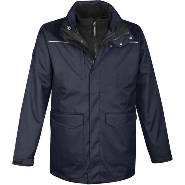 Dark blue winter coat with multiple pockets and zipper, featuring a high collar.