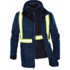 Blue jacket with neon yellow reflective stripes and a detachable inner lining.
