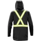 Black hooded jacket with bright yellow reflective X-stripes on the back.