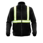 Black jacket with neon green reflective stripes on the front and sleeves.