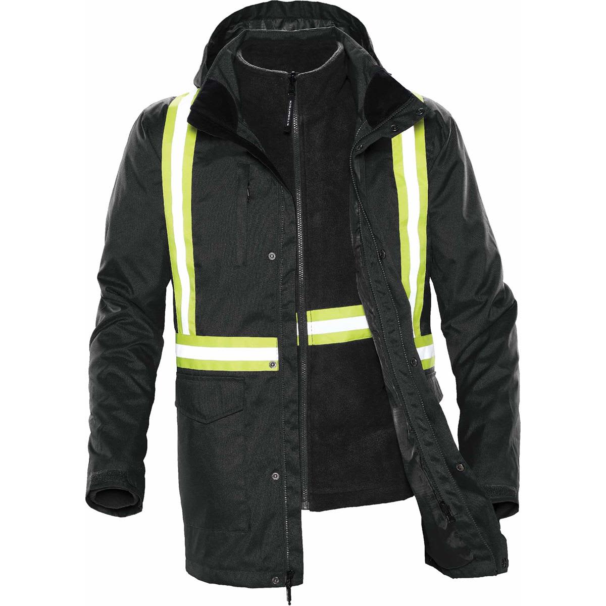 Dark green safety jacket with reflective yellow stripes and a hood.