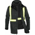 Green jacket with reflective yellow stripes and a detachable inner lining.