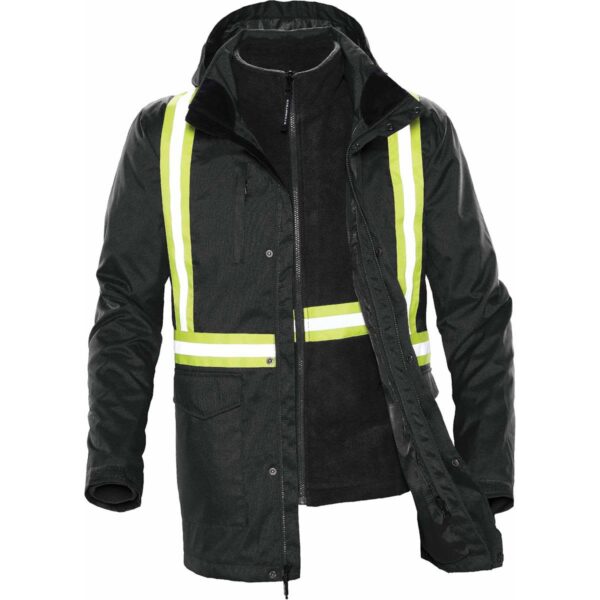Green jacket with reflective yellow stripes and a detachable inner lining.