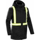 Black jacket with neon yellow reflective stripes and hood.