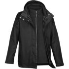 Black jacket with a detachable hood and zippered inner layer.