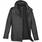 Black jacket with removable inner lining and hood, unzipped to reveal fleece interior.