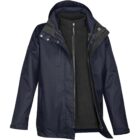 A navy blue hooded jacket with a black zippered inner layer.