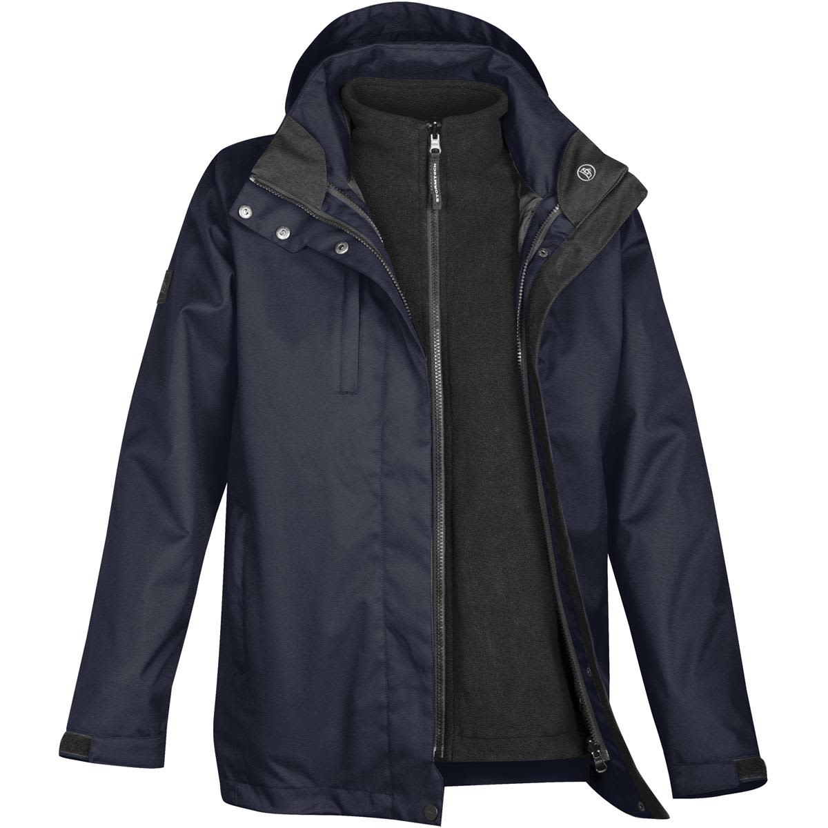 A navy blue hooded jacket with a black zippered inner layer.