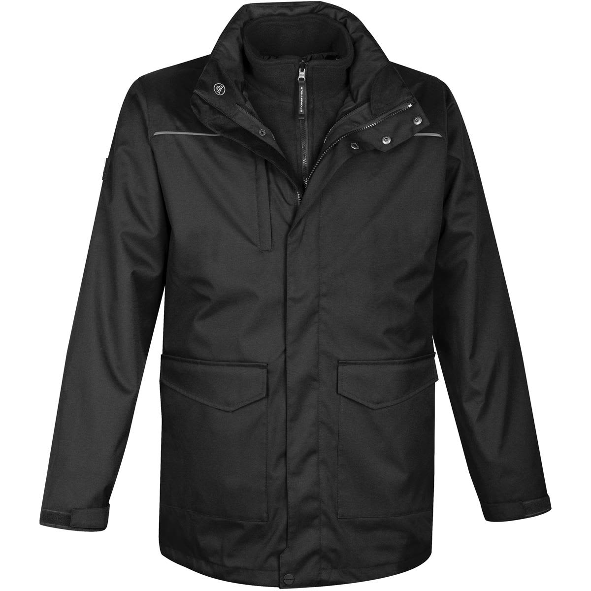 Black waterproof jacket with a high collar and front pockets.