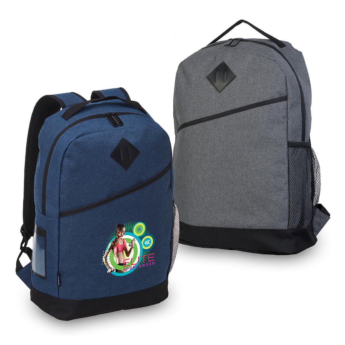 Two backpacks: one blue with a graphic, and one solid gray.