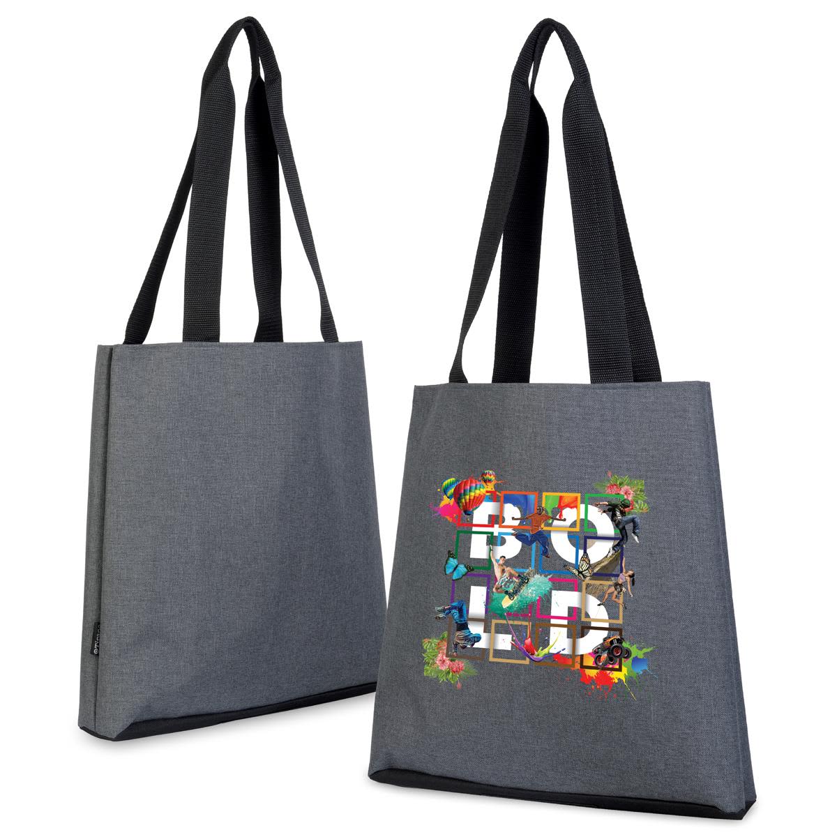 Two gray tote bags with colorful abstract designs and black straps.