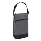 Gray rectangular shoulder bag with black base and handles, featuring a front zipper pocket.