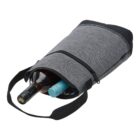 Gray insulated bag with black straps carrying two wine bottles inside.