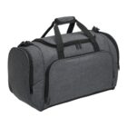 Gray duffel bag with black handles and zippers, featuring multiple compartments.