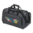 Gray duffle bag with tropical flamingo design on the side panel.