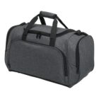 Gray duffel bag with a zippered main compartment and side pockets.
