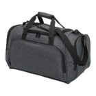 Gray duffel bag with black straps and multiple zippered compartments.