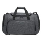 Gray duffel bag with black handles and multiple zippered compartments.
