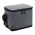Gray fabric insulated lunch bag with a black strap and zipper closure.