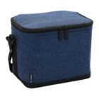 Blue rectangular insulated cooler bag with a zipper and shoulder strap.