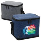 Two insulated cooler bags, one gray and one blue, with zippers and shoulder straps.